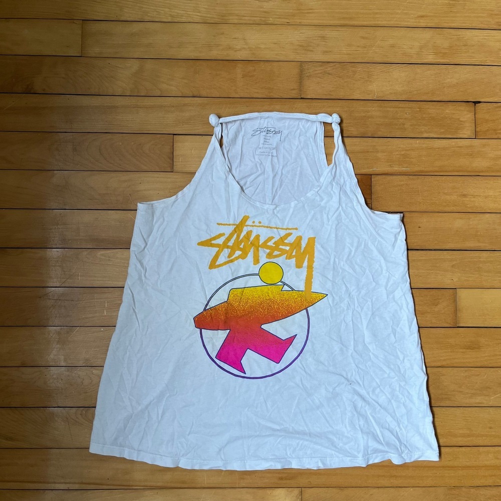 Stussy Mens Graphic Tank Top White 80s Geometric Sunset Logo Medium Made in USA